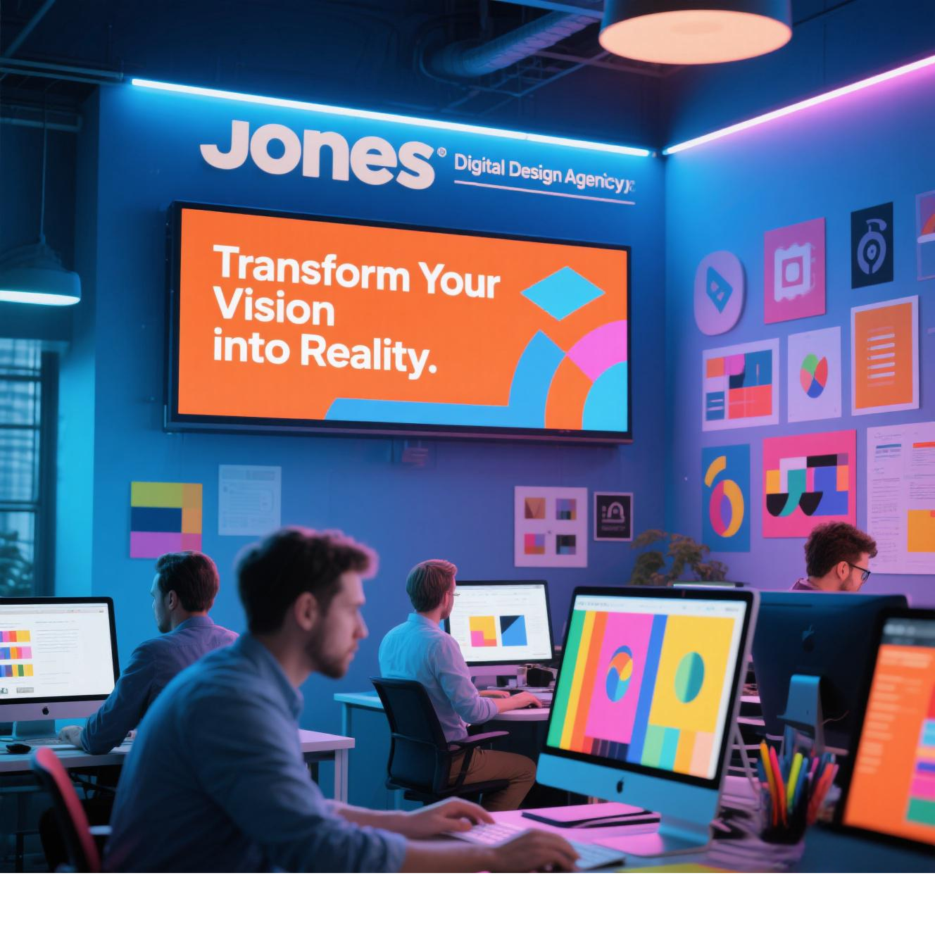 Creative woman designing logo sketches on notebook with color samples and tools in bright modern workspace.