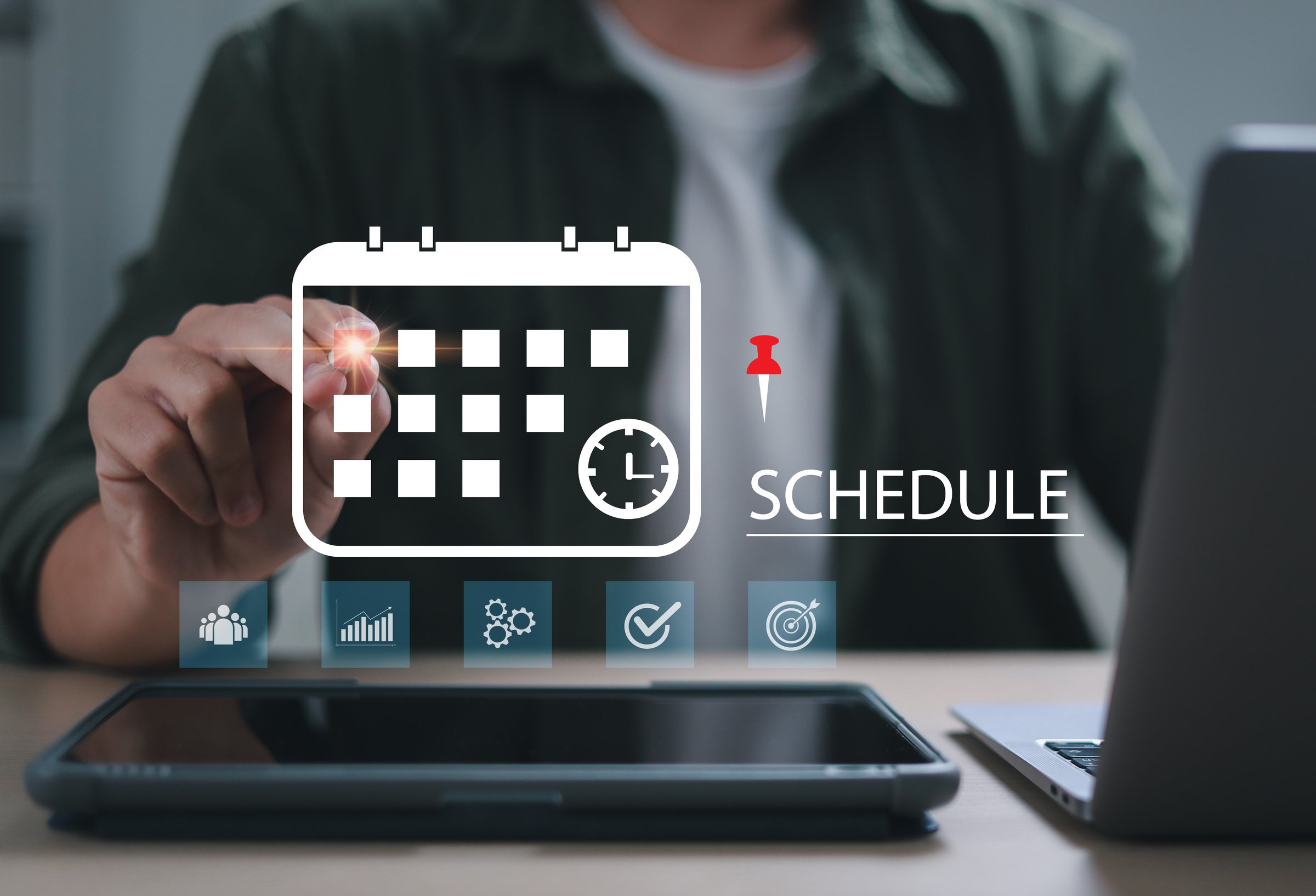 Businessman manage business schedule for efficient work. Virtual screen planner calendar. Work plan. Electronic personal organization.