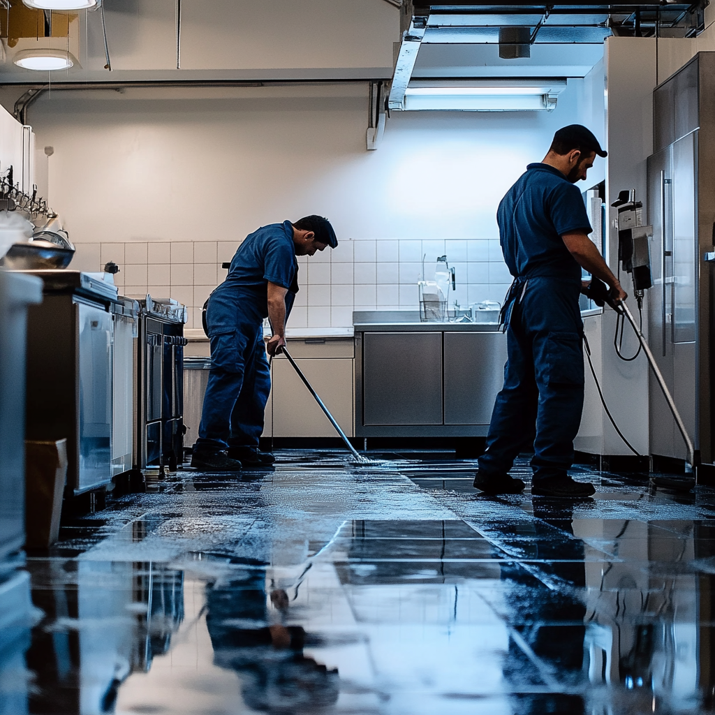 Two workers in uniform cleaning a shiny kitchen floor with mops, stainless steel appliances visible.