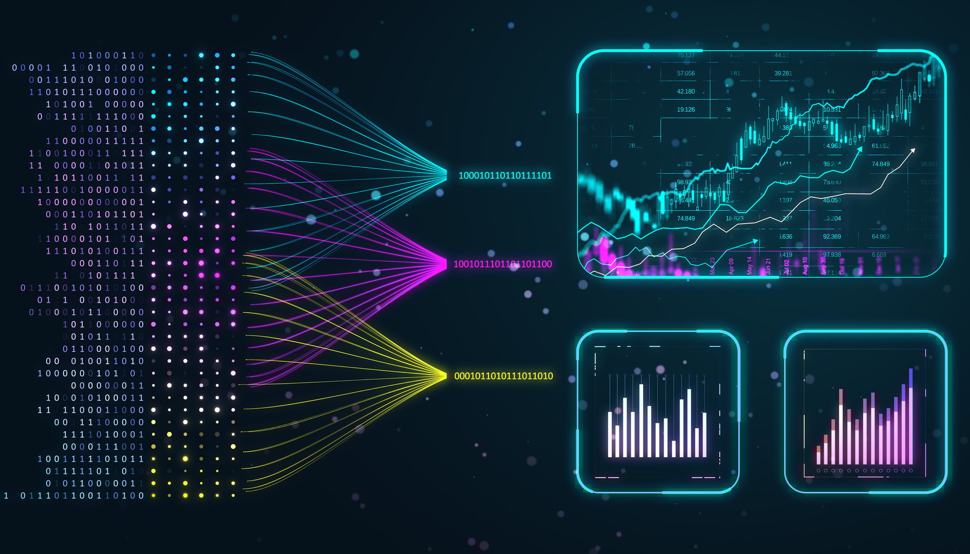 Digital financial data visualization with charts and graphs. Neon lines connecting data points. Dark background. Concept of fintech. 3D Rendering