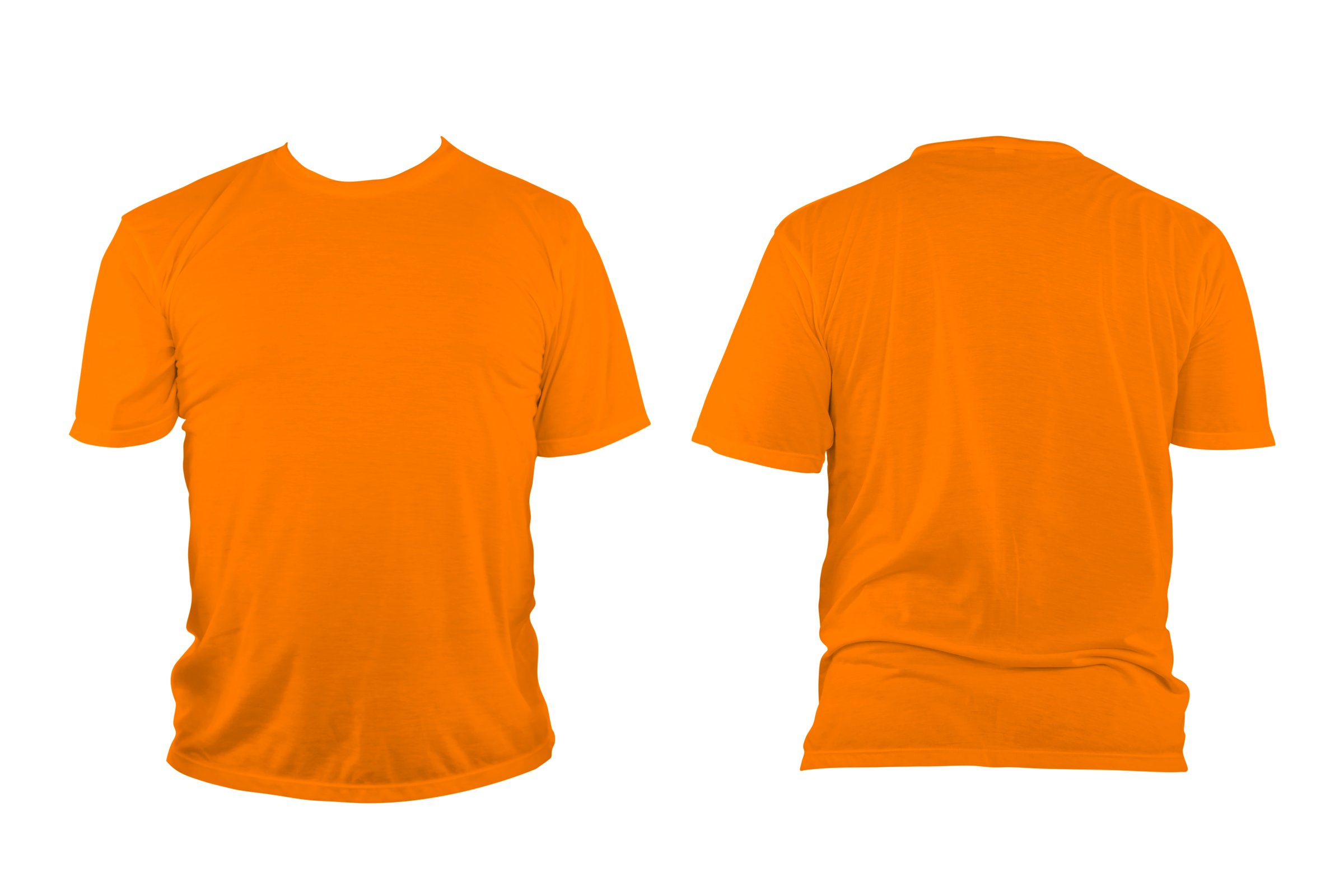 Orange t-shirt with round neck, collarless and sleeves. The t-shirt was unbuttoned and had no design or message on it. Clipping path.