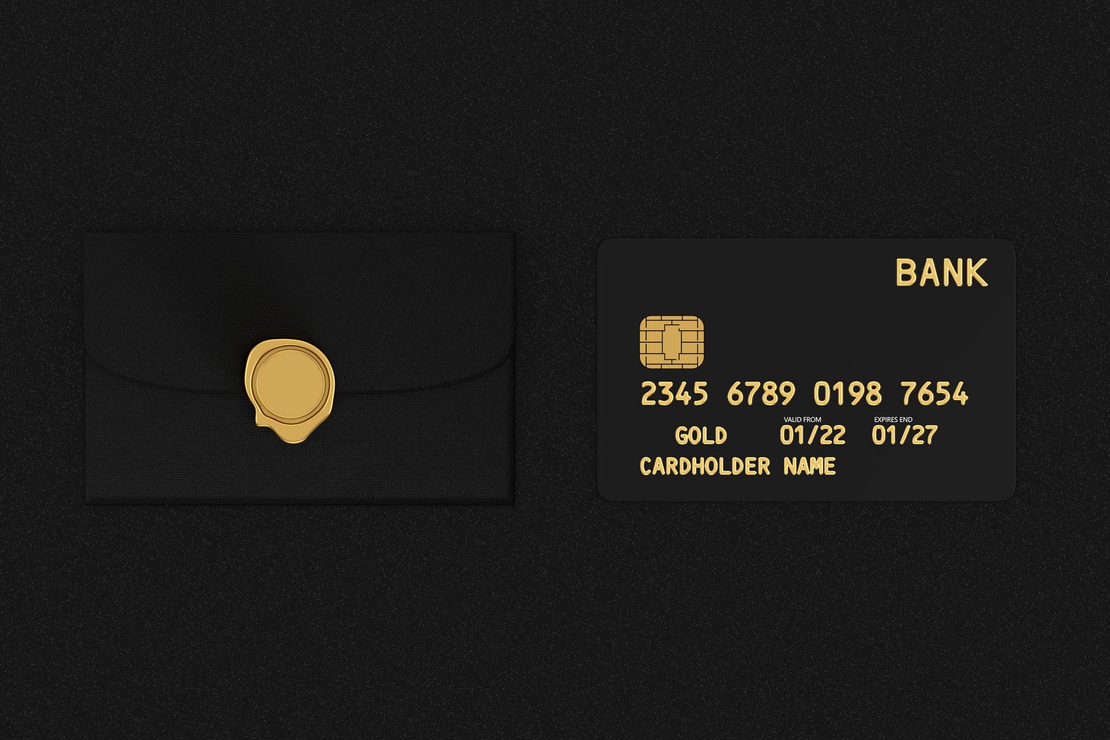 Black Plastic Golden Credit Card with Chip and Credit Card Package Envelope on a black table background. 3d Rendering