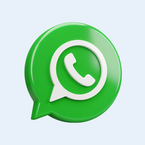 3D glossy WhatsApp logo with a green background and white phone icon inside a speech bubble.
