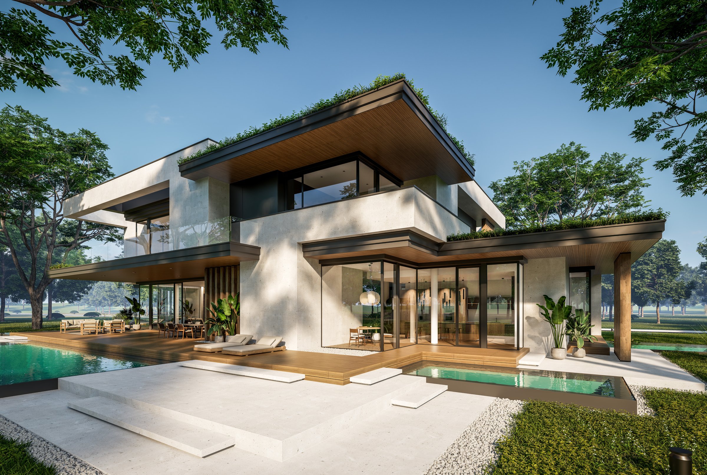 3d rendering of two-story house with parking and pool for sale or rent with concrete facade and beautiful landscaping on background. Clear sunny summer day with blue sky.