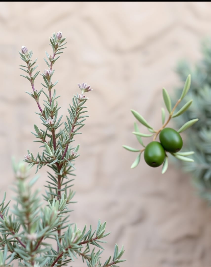 Close-up of rosemary branches with small purple flowers and nearby green olives against a soft blurred background.