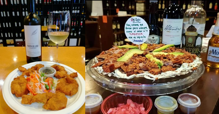Two dishes: fried fish with dipping sauce and tamale pizza with avocado, displayed on a table with assorted drinks.