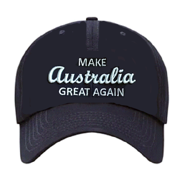 Black baseball cap with 'Make Australia Great Again' embroidered in white and light blue on the front.