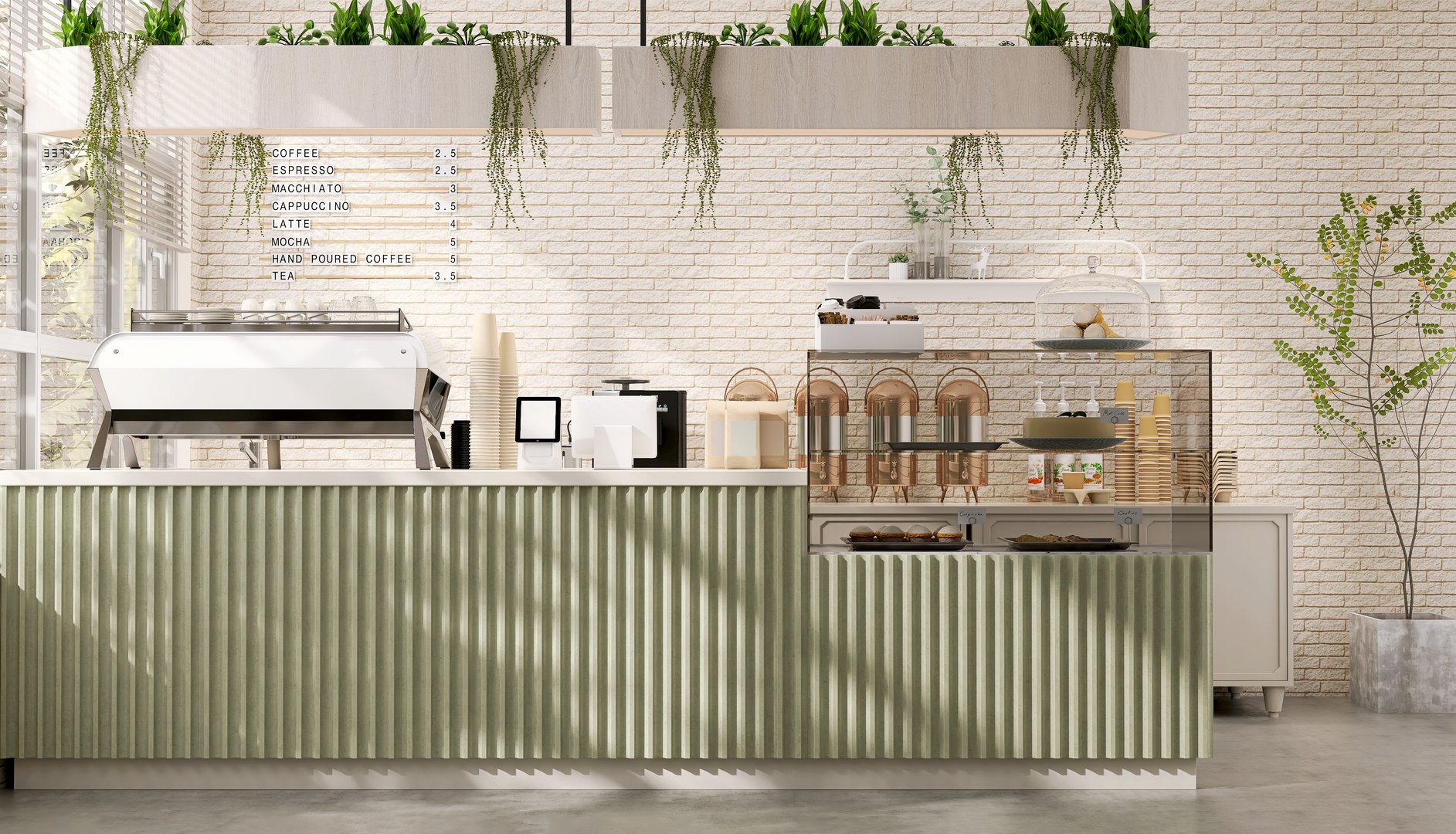 Modern and luxury design of cafe counter with espresso machine, digital tablet computer cash register and cake display refrigerator with sunlight and leaf shadow from window on white brick wall with menu and variety of plants