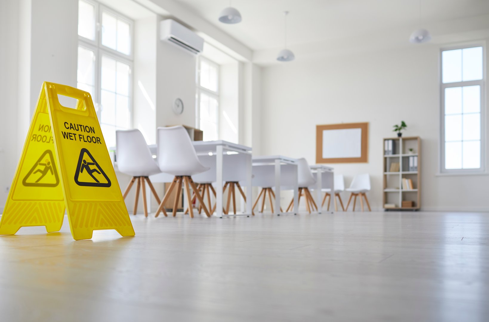 School classroom with wet floor sign