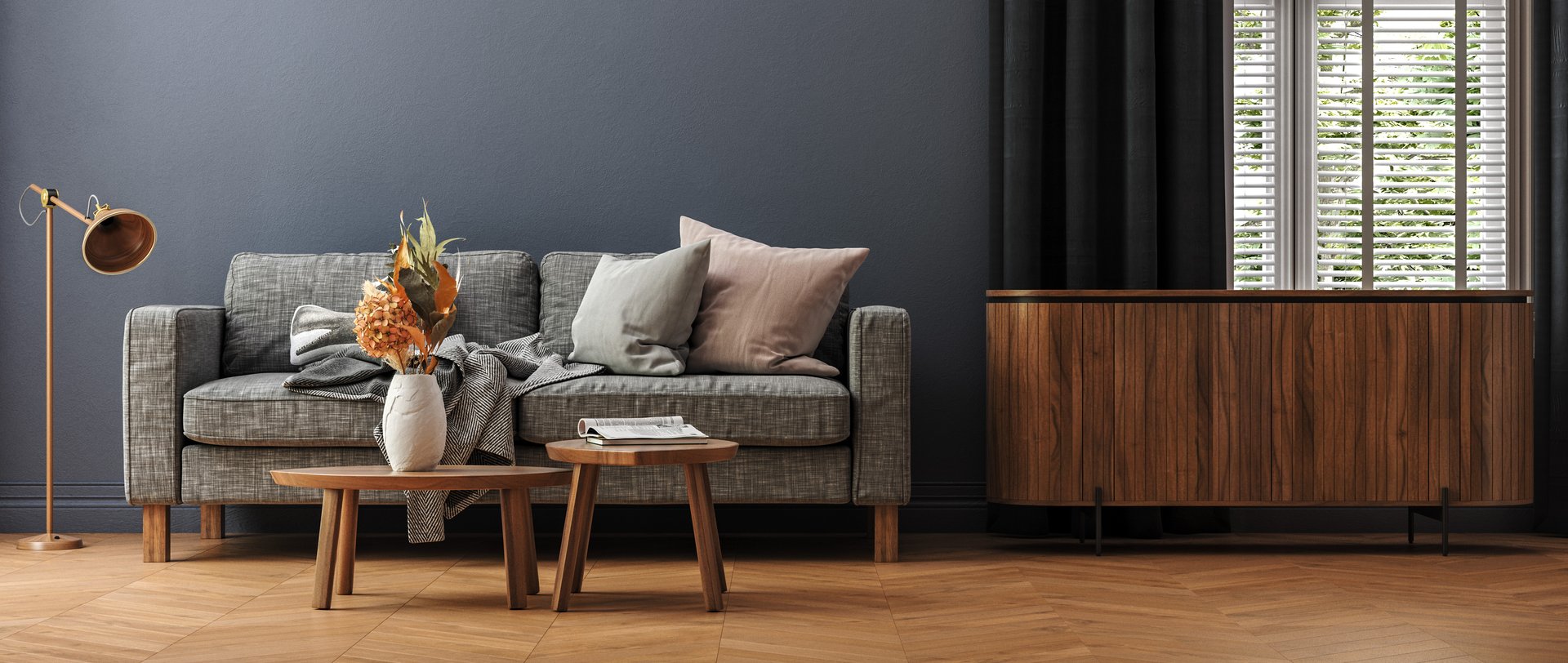 Simple minimalist cozy sofa with coffee table and decor in living room interior, home mockup, 3D render