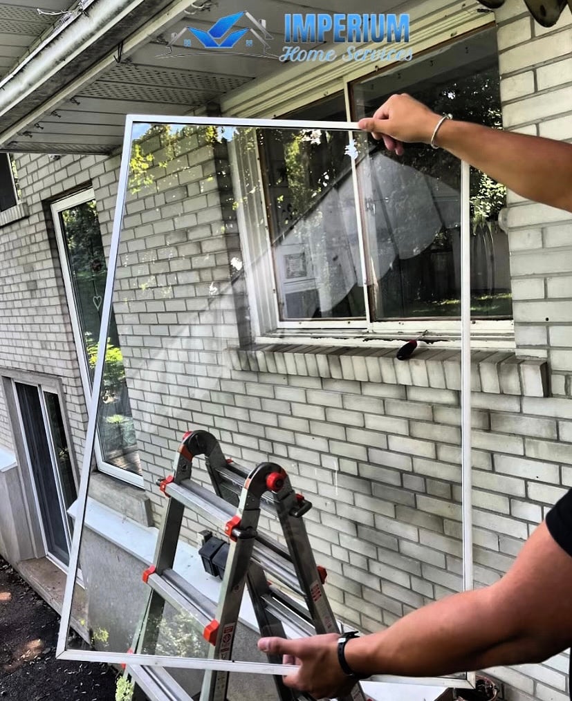 Person removing window screen with a ladder; Imperium Home Services logo on top.