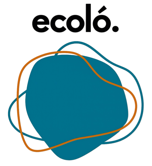 A logo with the text ecoló. above an abstract teal shape outlined by orange and blue lines.