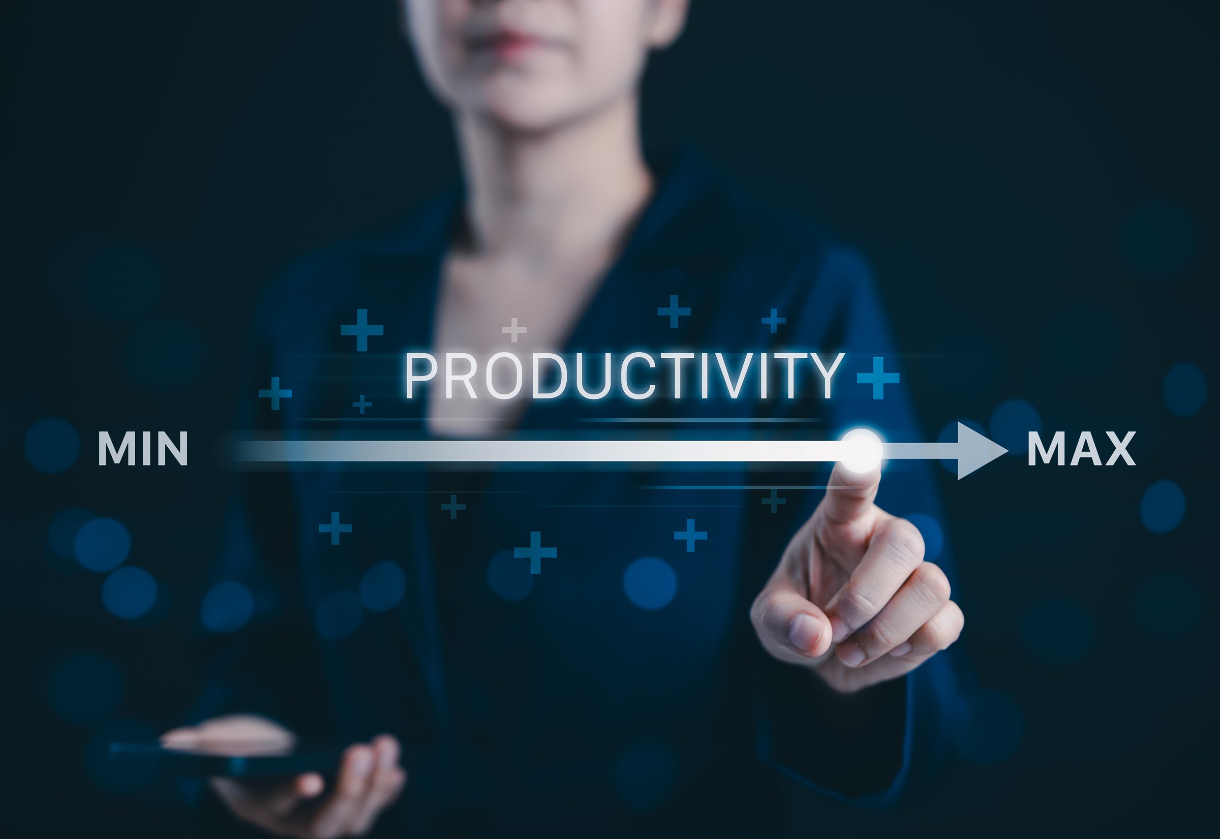 Productivity and efficiency concept. Businesswoman adjusting virtual slider from min to max, process to increase productivity and efficient. Progress bar and optimization in business operations. Value