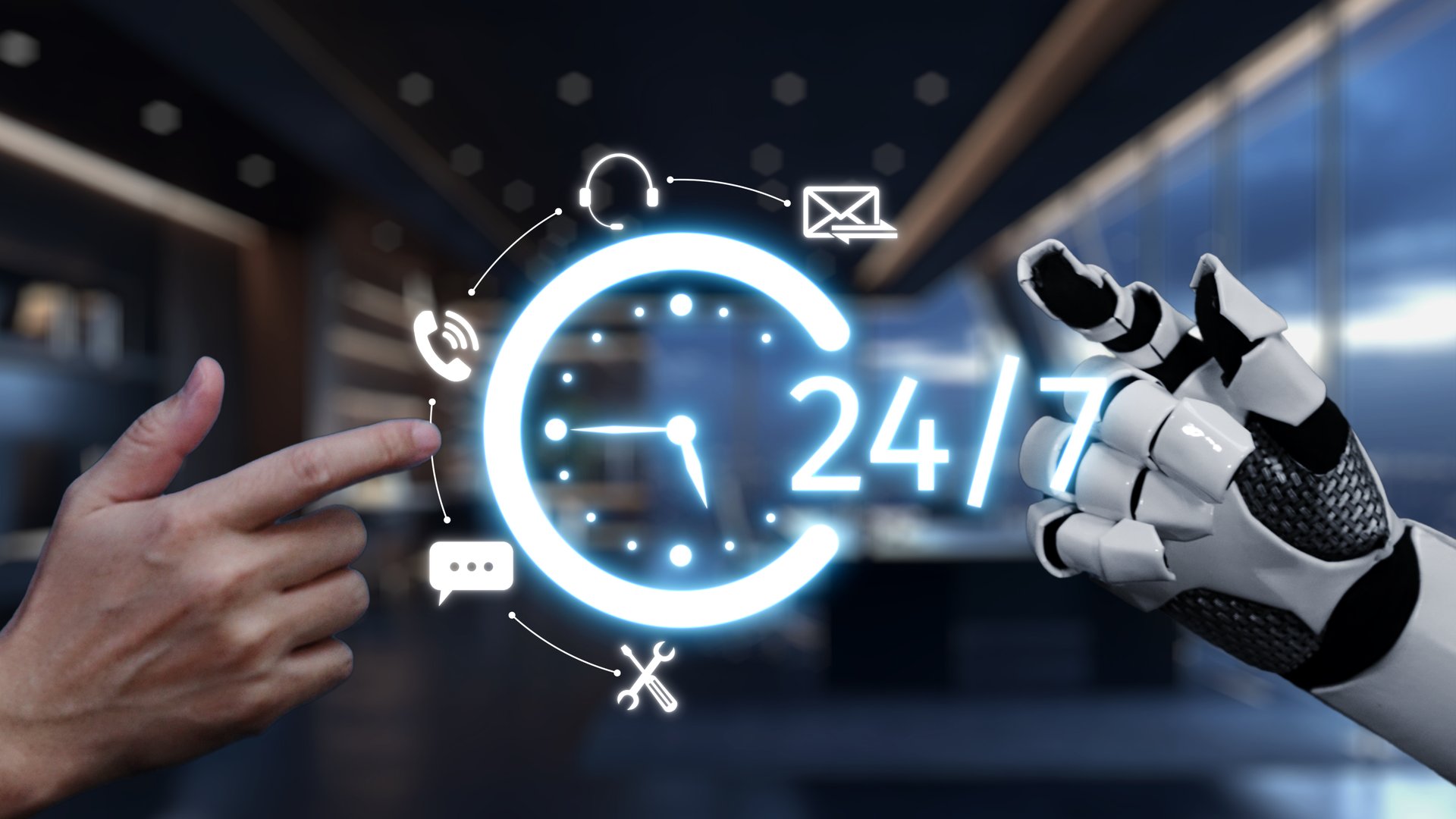 A human hand and a robotic hand interact with a glowing clock symbol, representing round-the-clock service and advanced technology in modern business environments. Auvana
