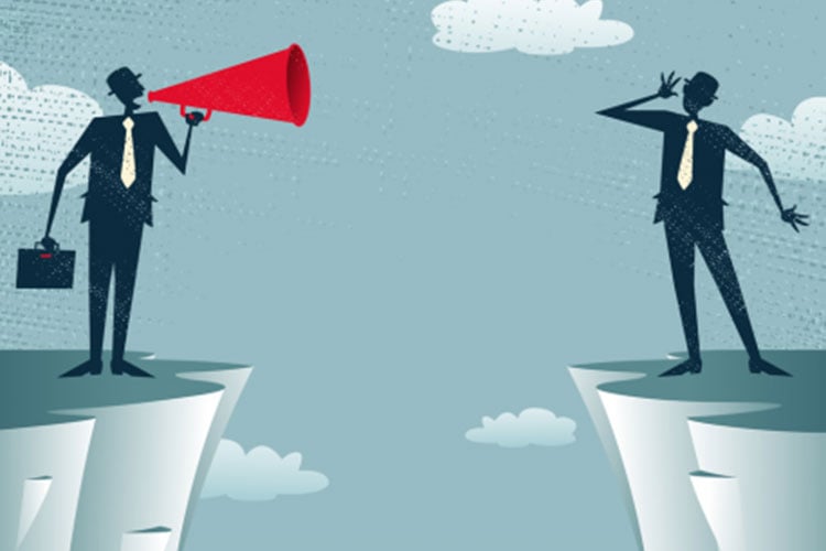 Two silhouetted figures on separate cliffs; one uses a red megaphone, the other holds a hand to their ear.