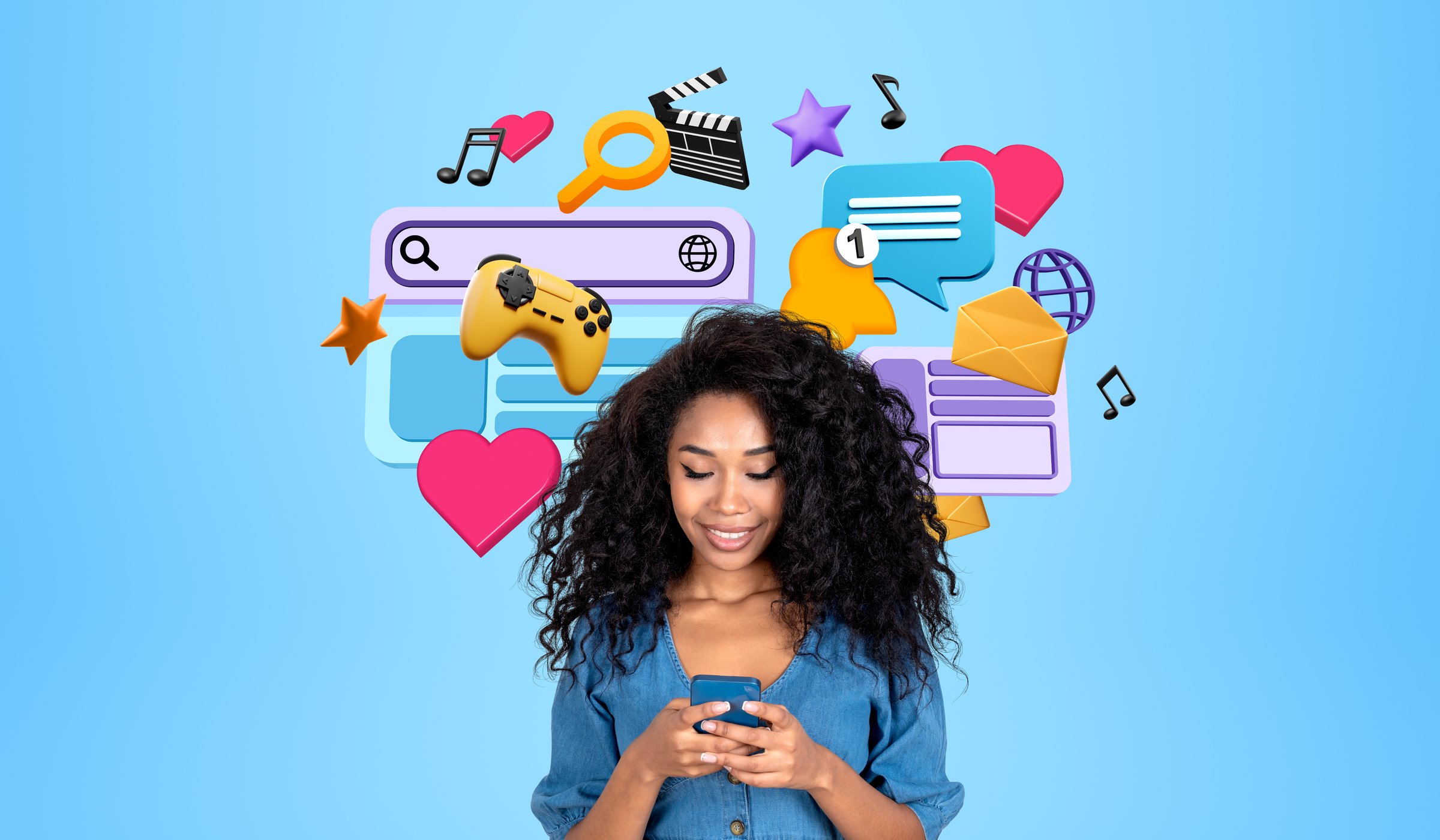 Happy young african woman portrait texting in phone, diverse social media icons on blue background. Concept of online communication, internet and entertainment