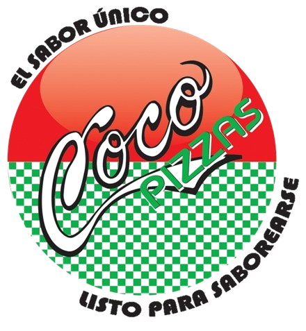 Logo of Coco Pizzas with black and green text on a red and green circular background featuring the phrase El sabor único.