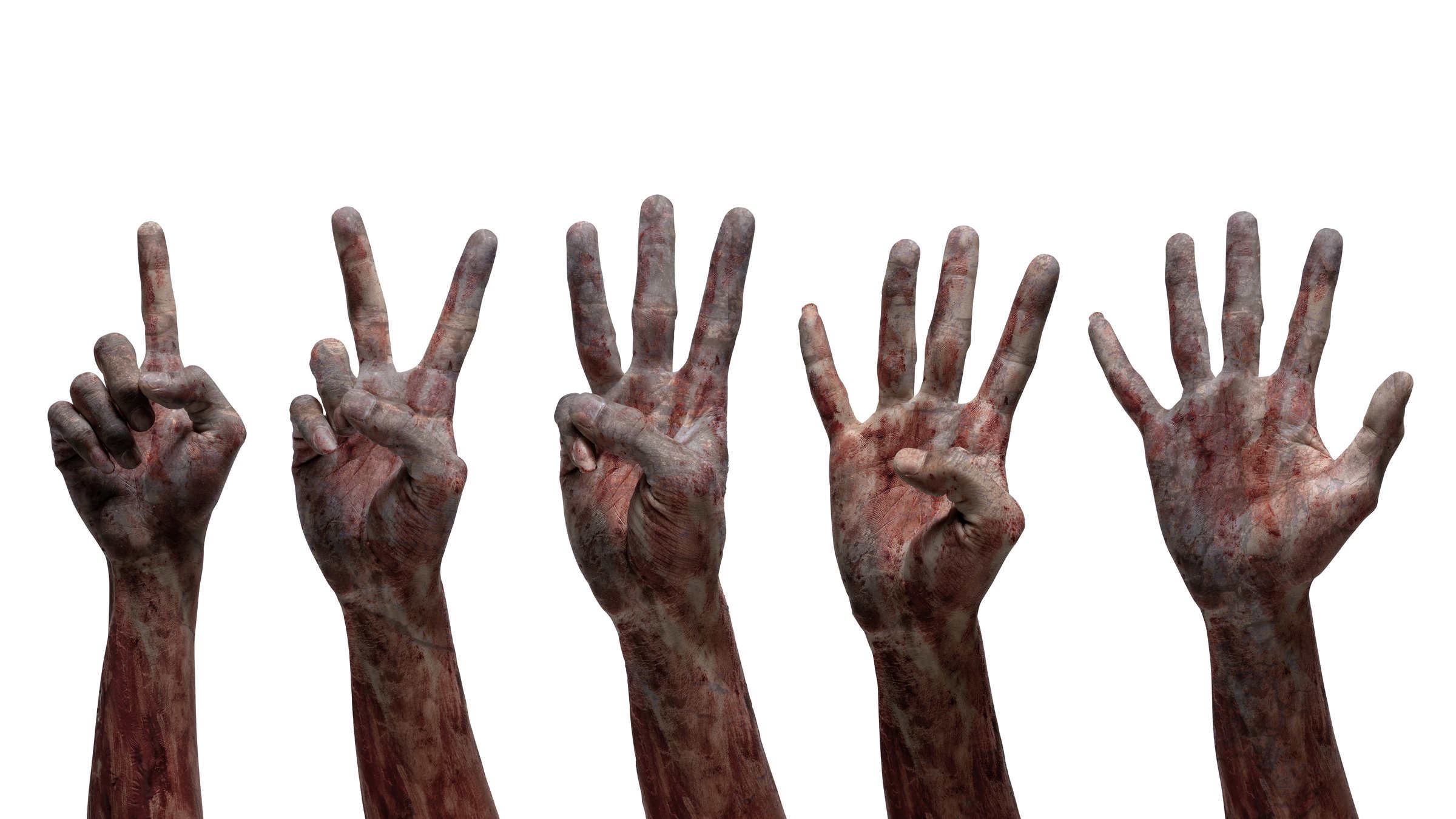 Set of zombie hands with a bloody wound in counting gestures from one to five. Zombie, devil, evil, satan, or monster hands isolated over a white background. Spooky Halloween concept