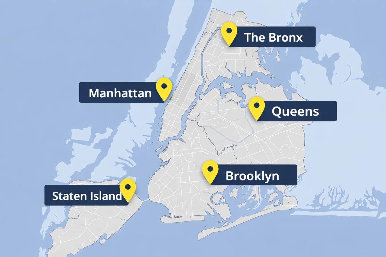 High resolution outline map of New York City with NYC boroughs. Each boroughs placed on a separate layer.