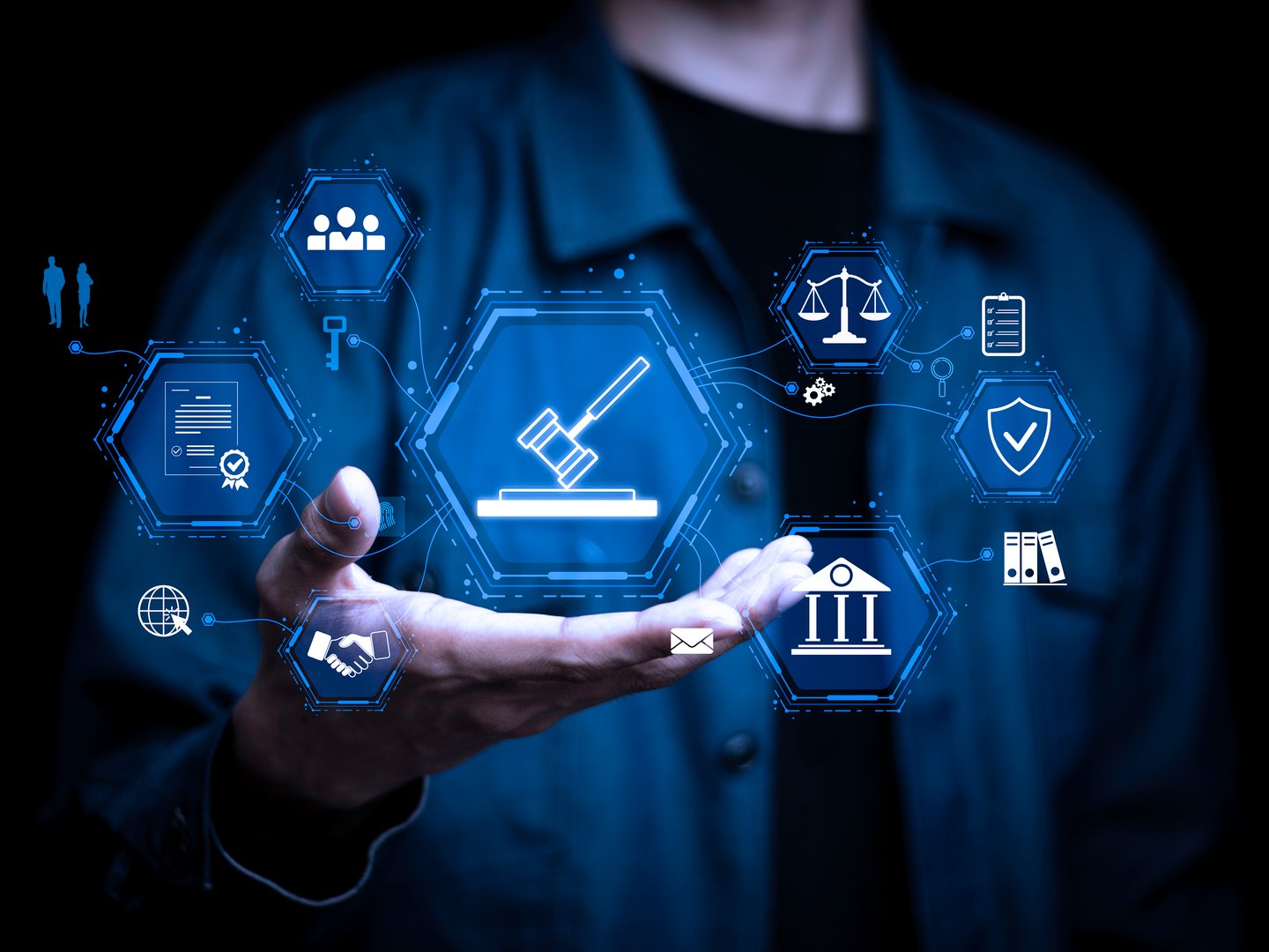 Digital law concept with hologram icons