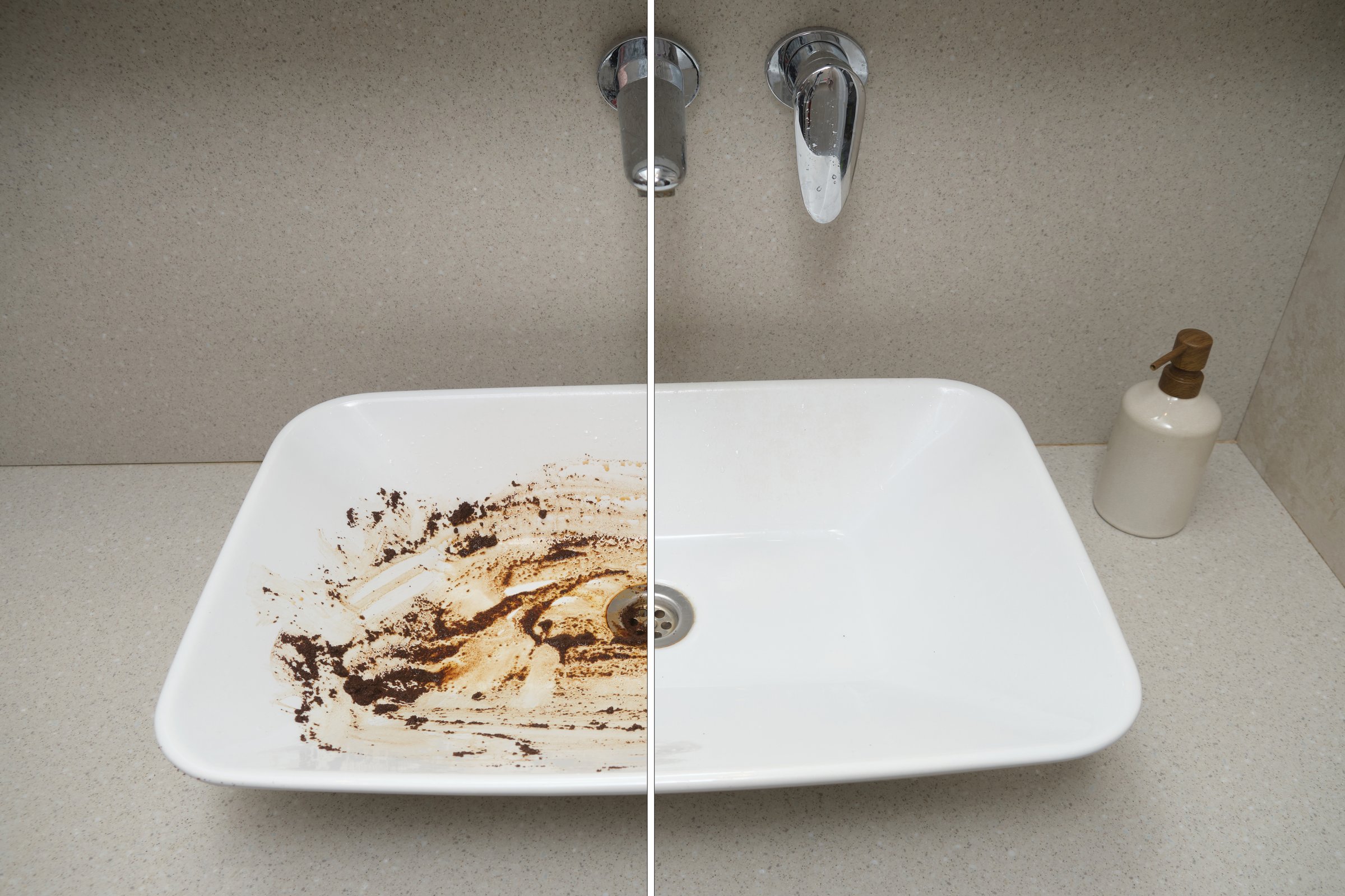 Dirty white bathroom sink before and after cleaning the bowl. The unclean bathroom washbasin had visible stains around the drain, but after scrubbing, the whole area looks laundered and fresh