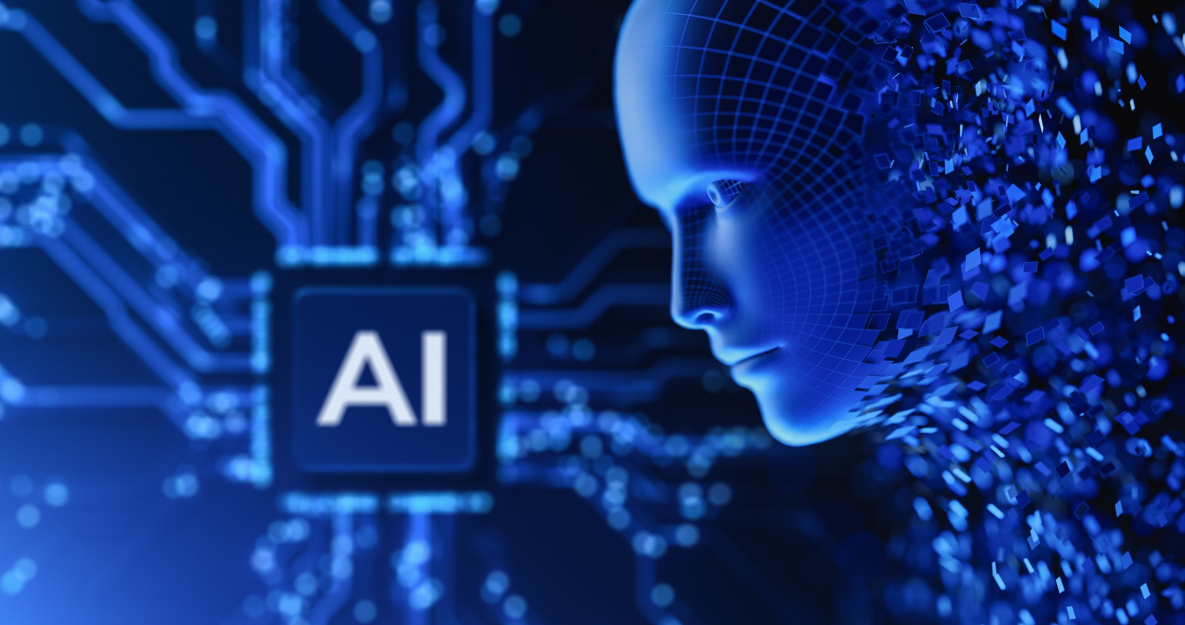 Digital Face Head as Symbol of AI with Circuit and Artificial Intelligence Chip.