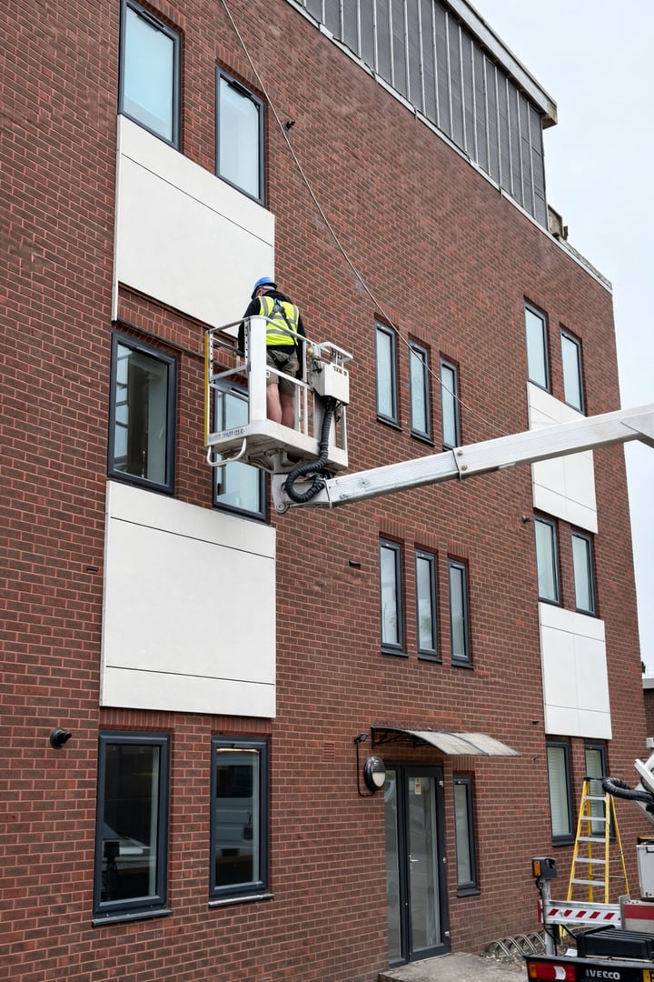 Worker cleaning building exterior in lift performing external wall inspection