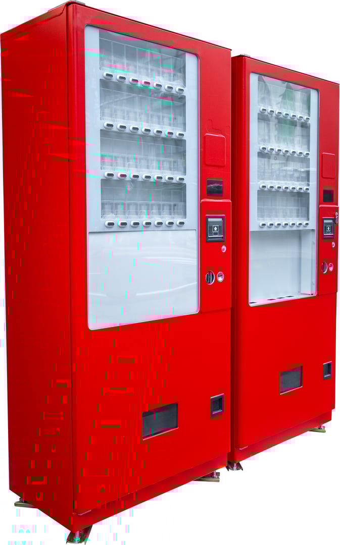 Two bright red vending machines stand side by side, awaiting customers