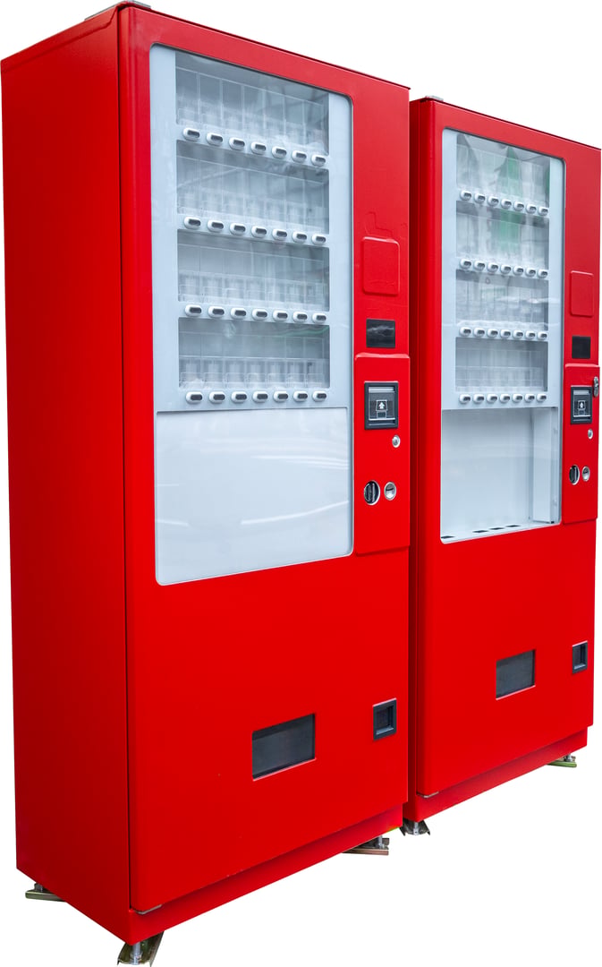 Two bright red vending machines standing side by side