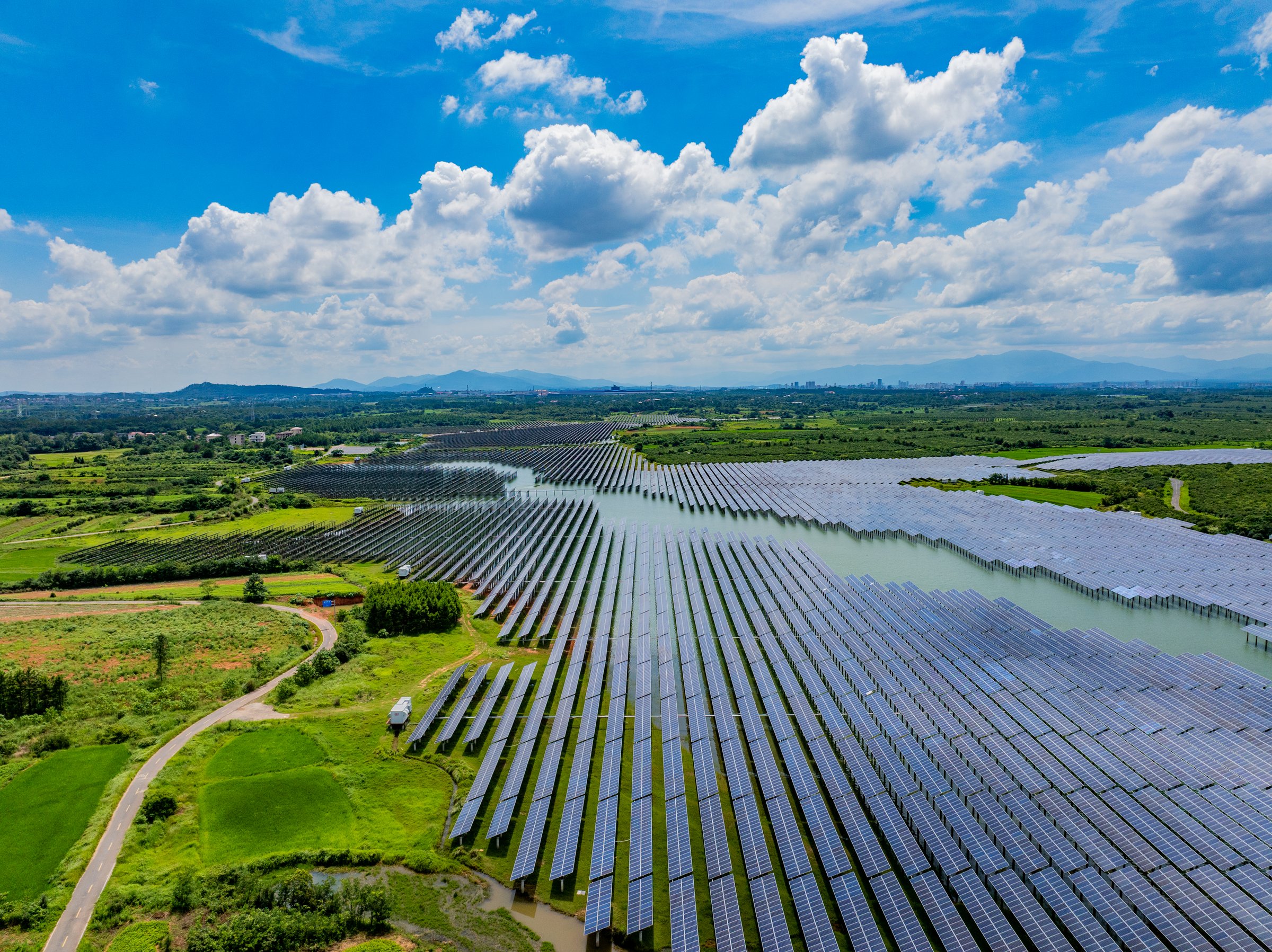 Photovoltaic panels on water aerial photography