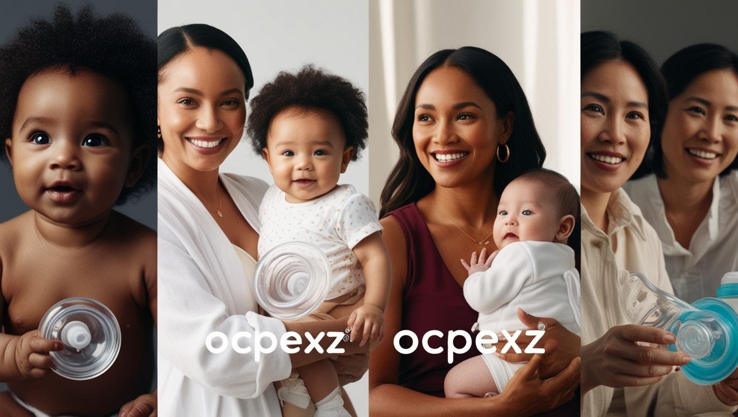 Collage of diverse mothers holding their babies, showcasing baby bottle accessories. "ocpexz" logo visible on each image.