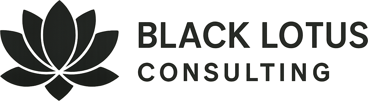 Logo of Black Lotus Consulting with a stylized black lotus flower and company name in black text on a gradient background.