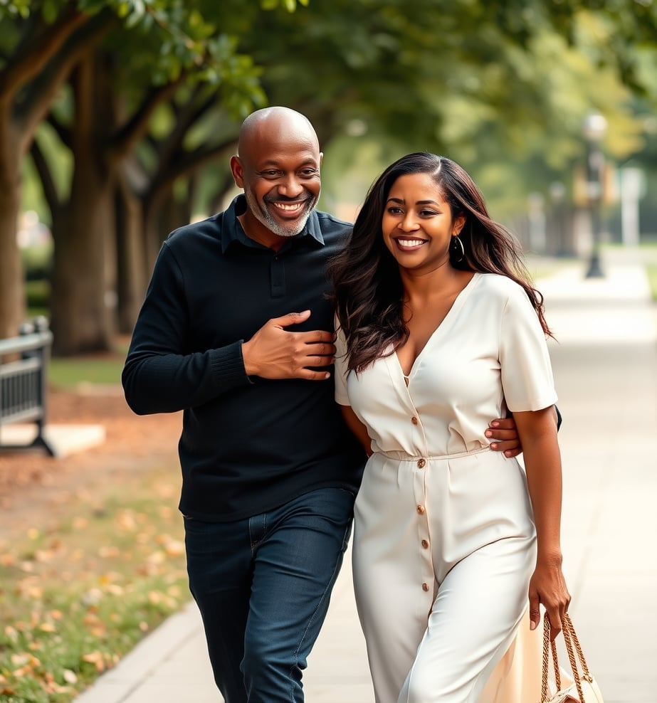 A couple smiling and walking arm in arm on a tree-lined path in a park, with the woman holding a purse.