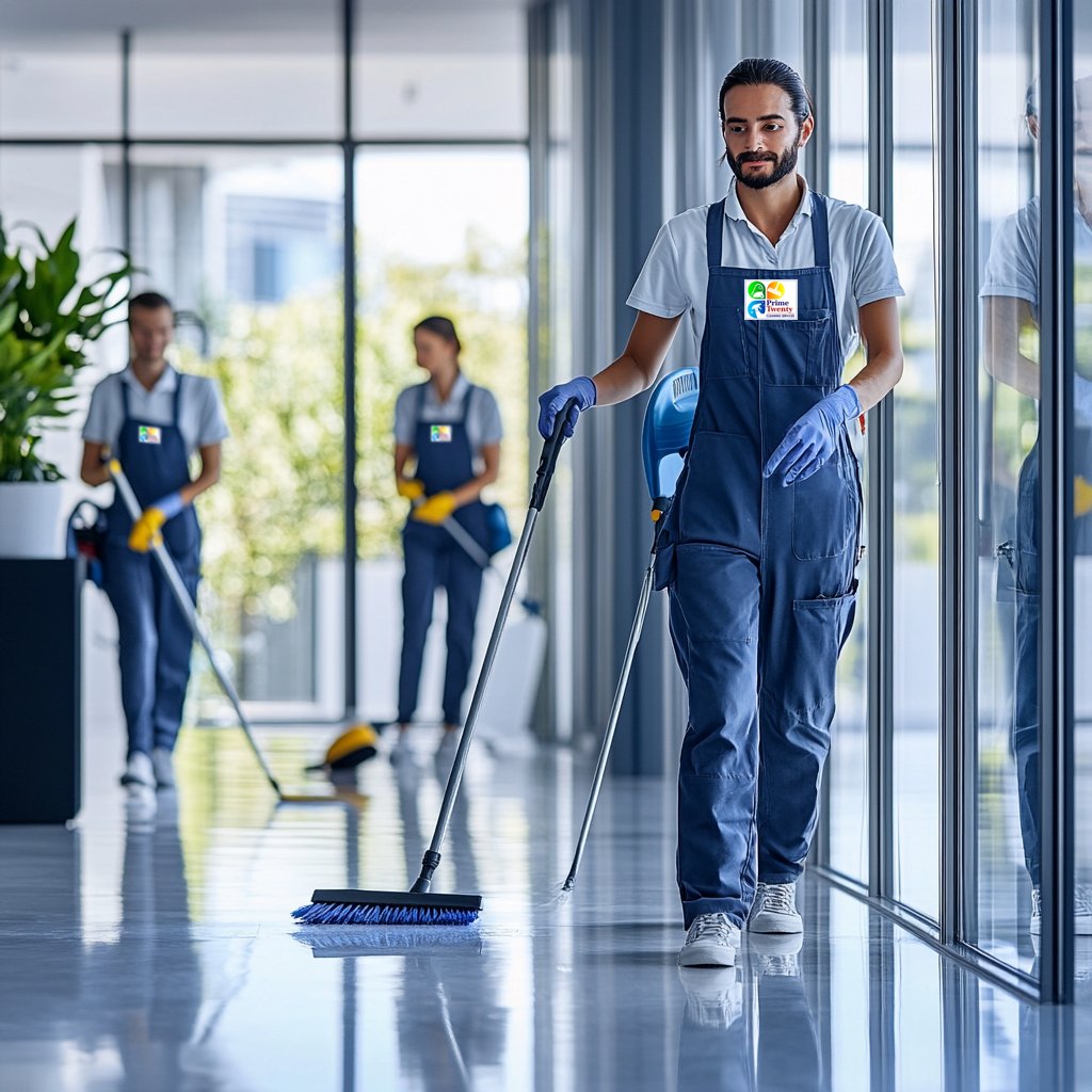 Cleaning crew wearing uniforms and gloves, sweeping and mopping a shiny office floor with large windows in the background.