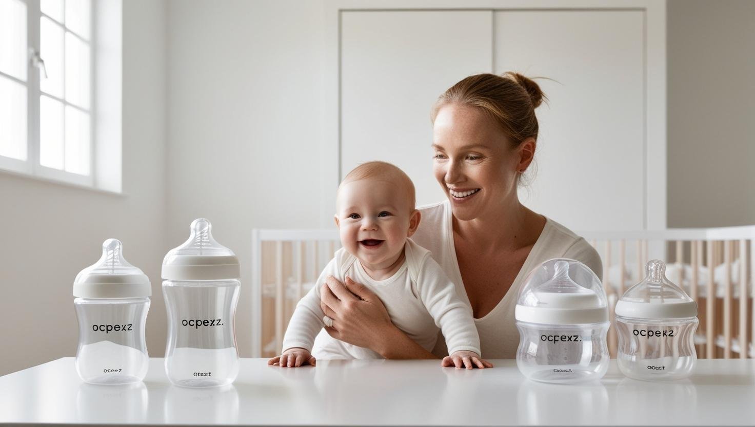 Smiling woman with a baby at a table, featuring several baby bottles in a bright, cheerful room.