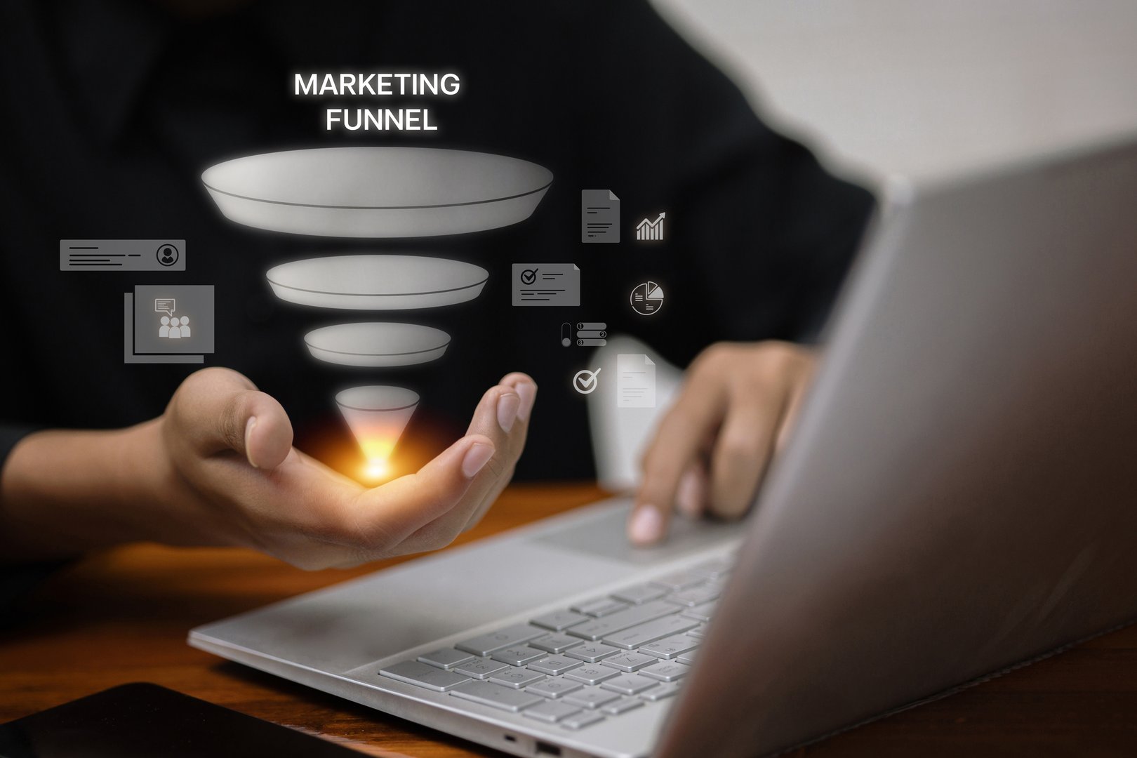 Hand presenting marketing funnel graphic on laptop. Concept of digital marketing, customer journey, and lead conversion strategy.