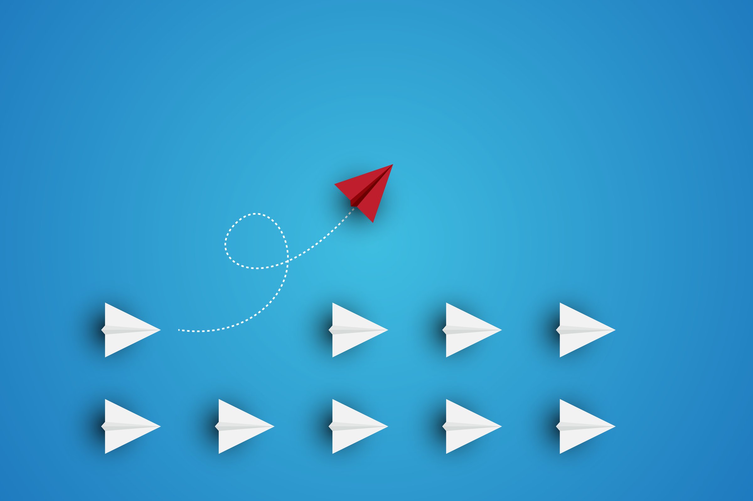 Business competitive advantage of paper plane in new competitive, competitor individual pointing in different ways for new competitive advantage on 3D render. Advantage for new idea competition.