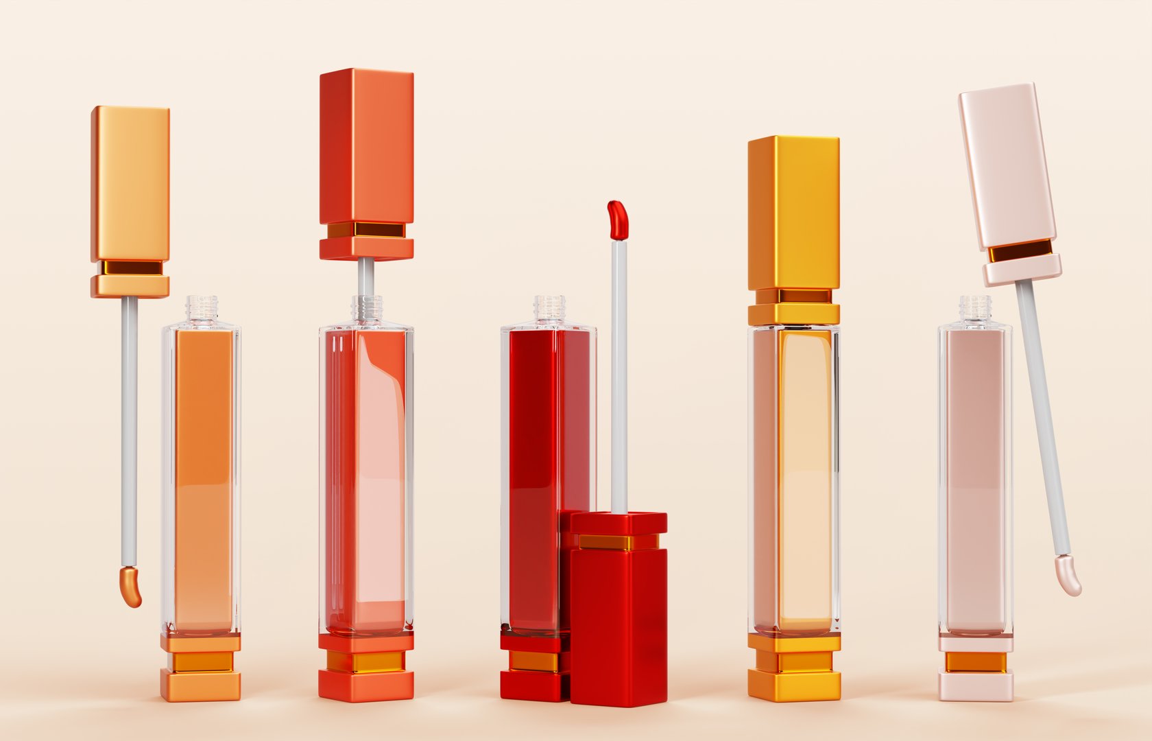 3d set of lip gloss, liquid lipstick tube mockup render in different angles. Lipgloss in gold, orange, red and nude clear packaging, open and closed cosmetic makeup beauty product. 3D illustration