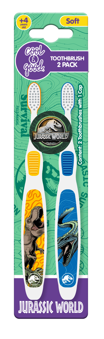 Pack of two Jurassic World toothbrushes with dinosaur designs, one black and yellow, one blue and white. Includes caps.