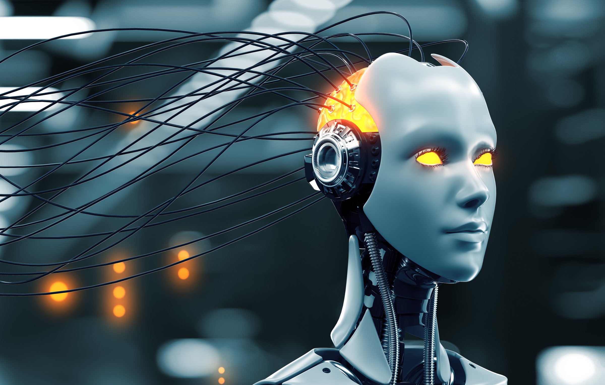 Uploading information into the brain of a female robot with artificial intelligence. 3D illustration.