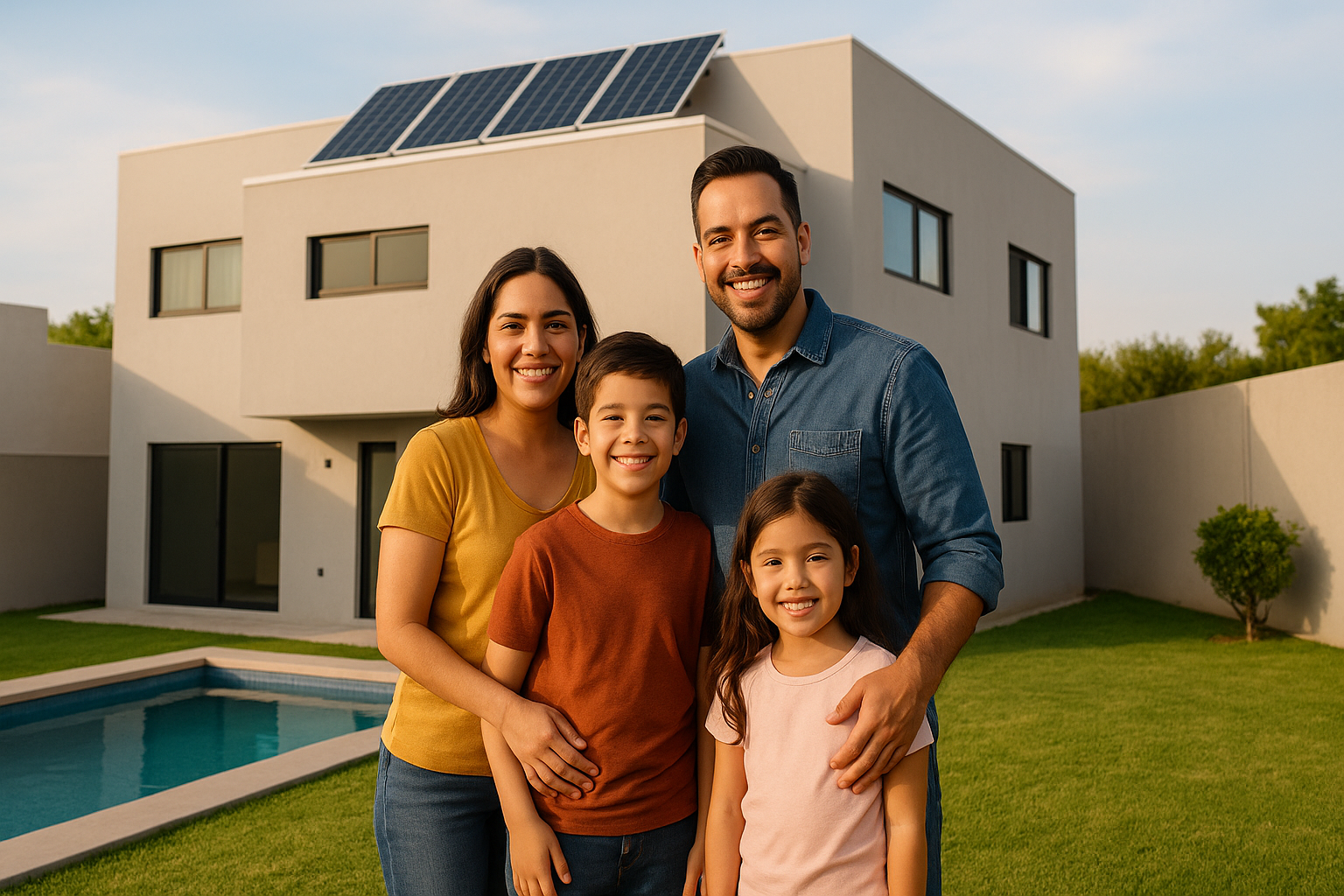 Happy family running near their house with a solar panels