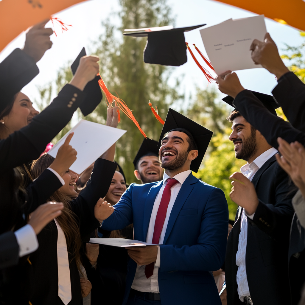 Group of graduates in caps and gowns celebrating outdoors, tossing caps in the air with smiles.