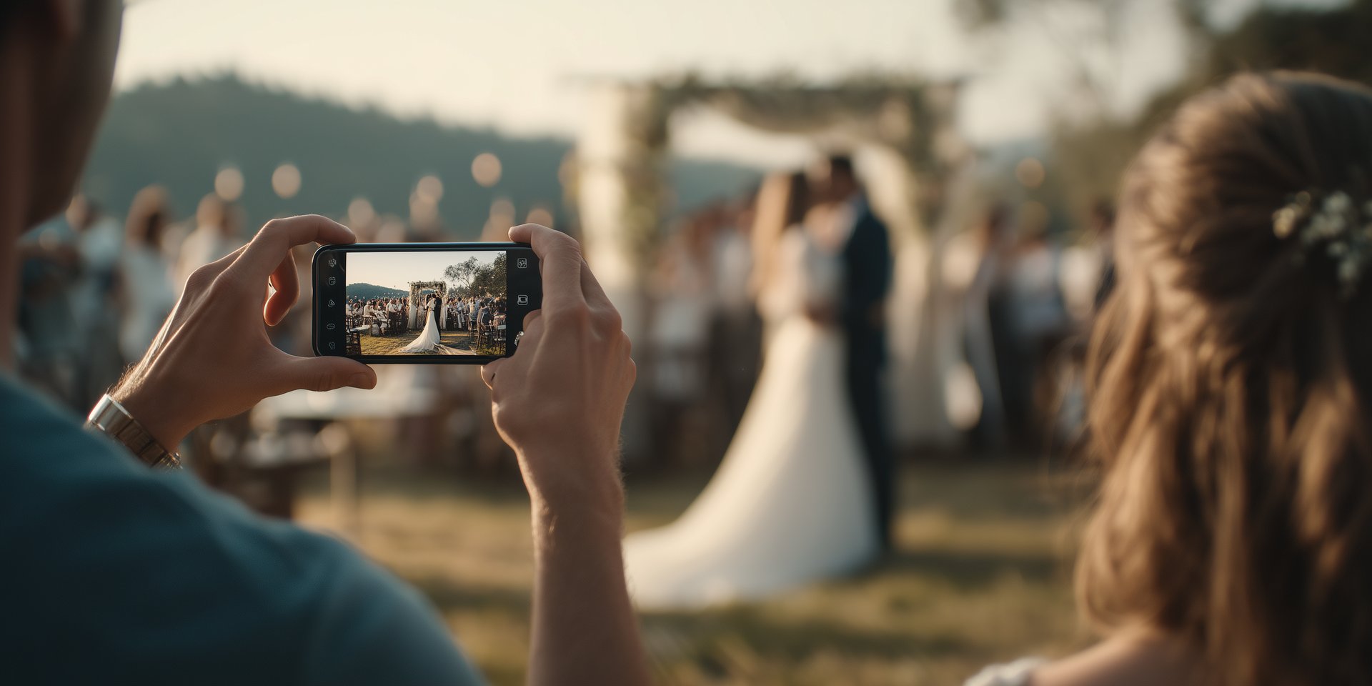 Person taking photo of a couple during an outdoor wedding ceremony with a smartphone.