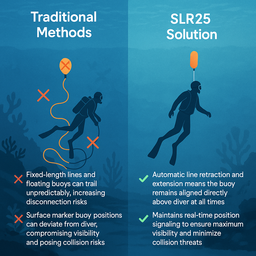 Comparison of traditional diving methods with SLR25 solution, highlighting safety and buoy positioning advantages.