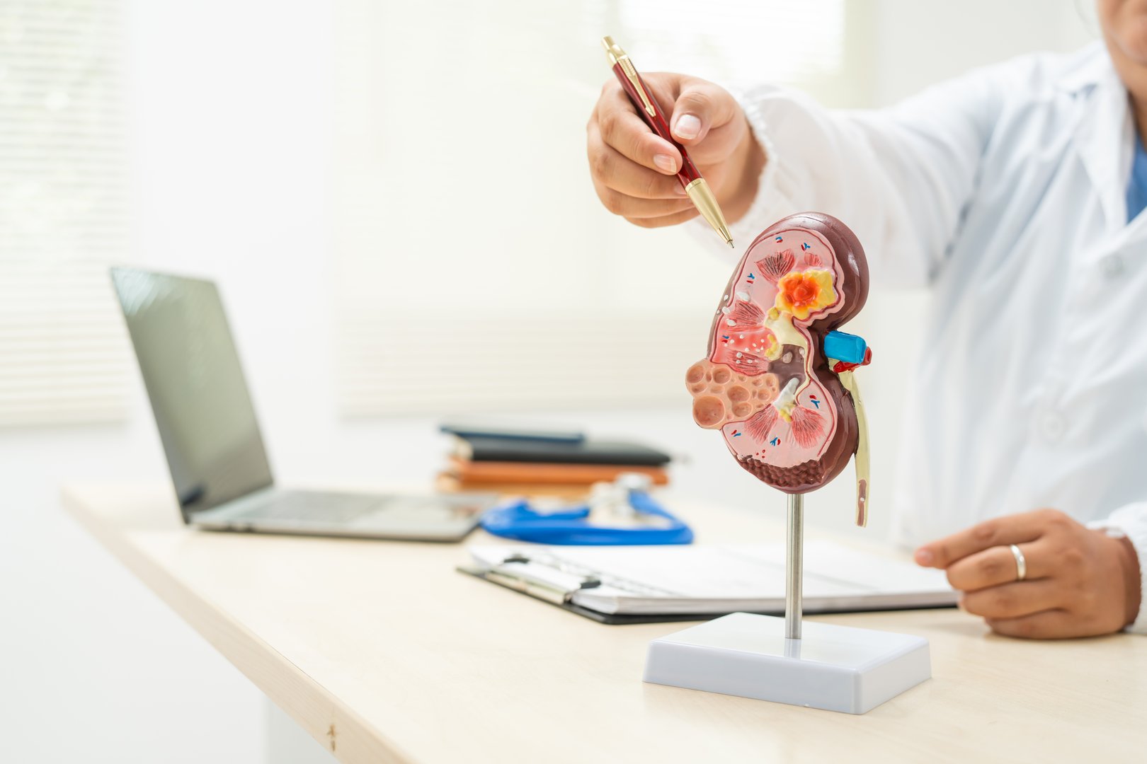 A female doctor works at a desk in a hospital, discussing kidney failure and chronic kidney disease. She explains how kidney dysfunction leads to fluid imbalance, waste accumulation, other health