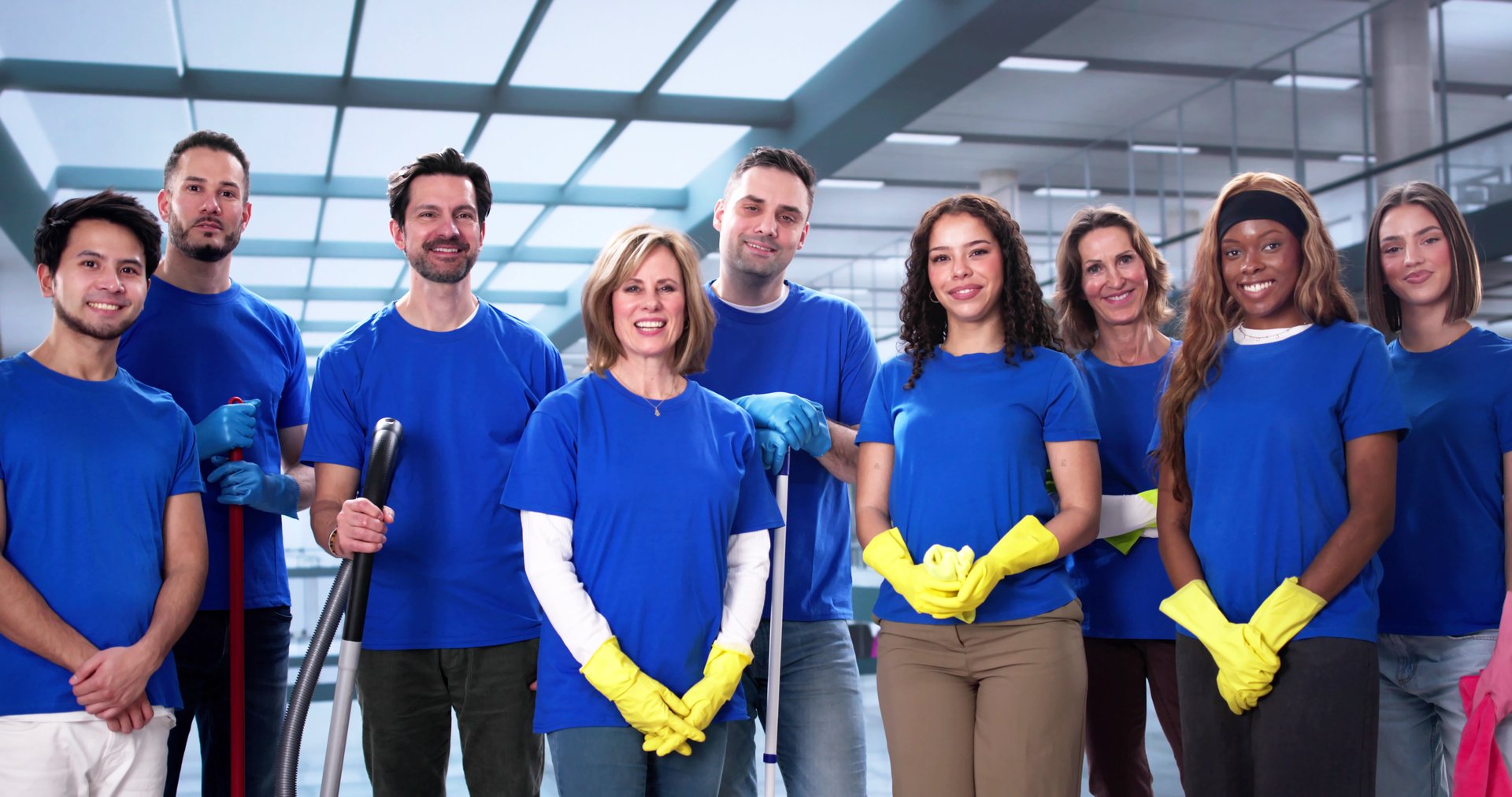 Multiracial Cleaning Team Providing Professional Office Janitorial Services with Smile