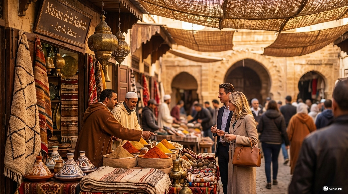 A bustling Moroccan market in Rabat filled with traditional goods