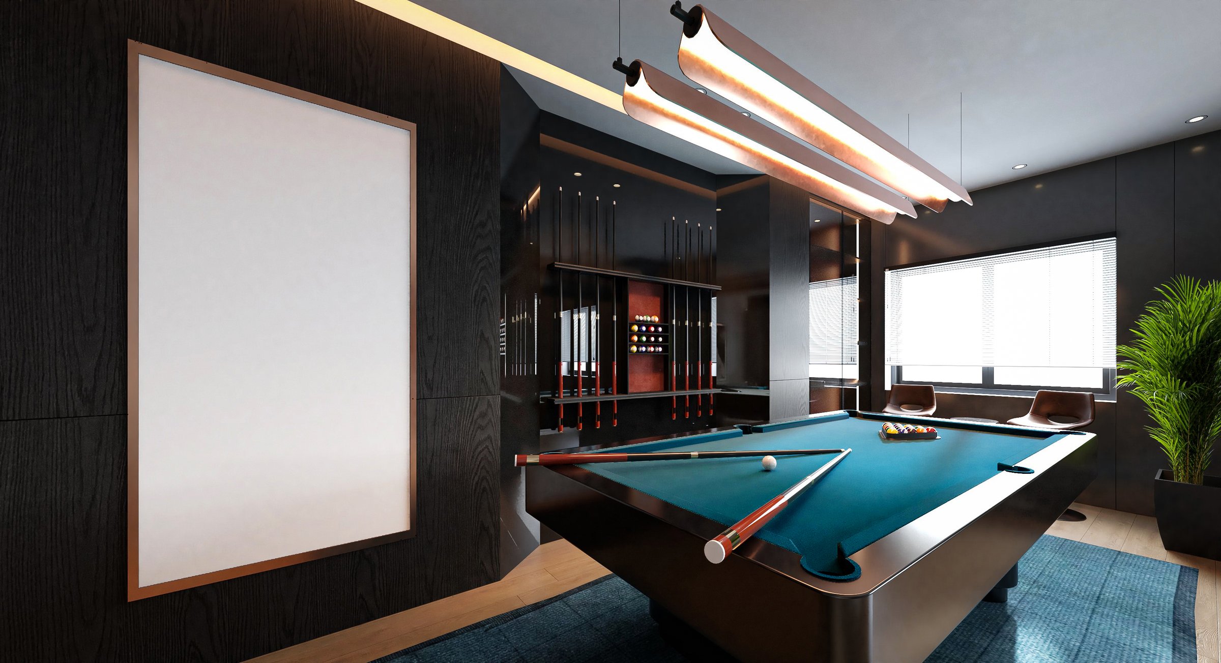 A modern game room with a sleek pool table, stylish lighting, and comfortable seating, perfect for entertaining and relaxation. 3D rendering