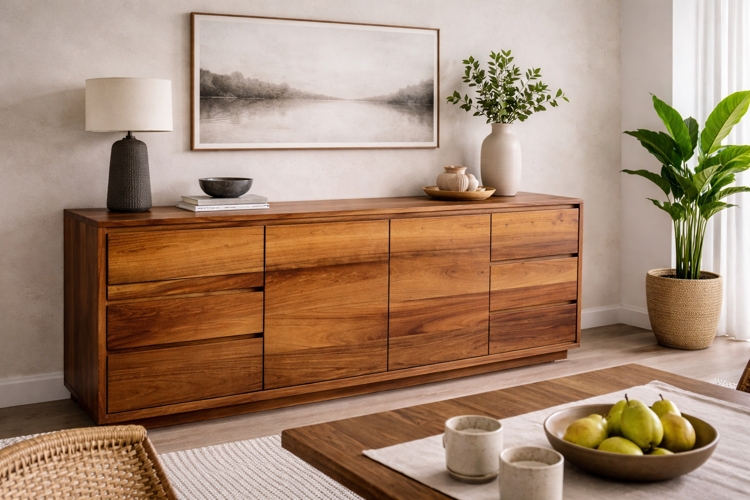 Bufetera Horizonte de líneas modernas en madera sólida con frente continuo de veta corrida, tres módulos con puertas al centro y bancos de cajones a ambos lados