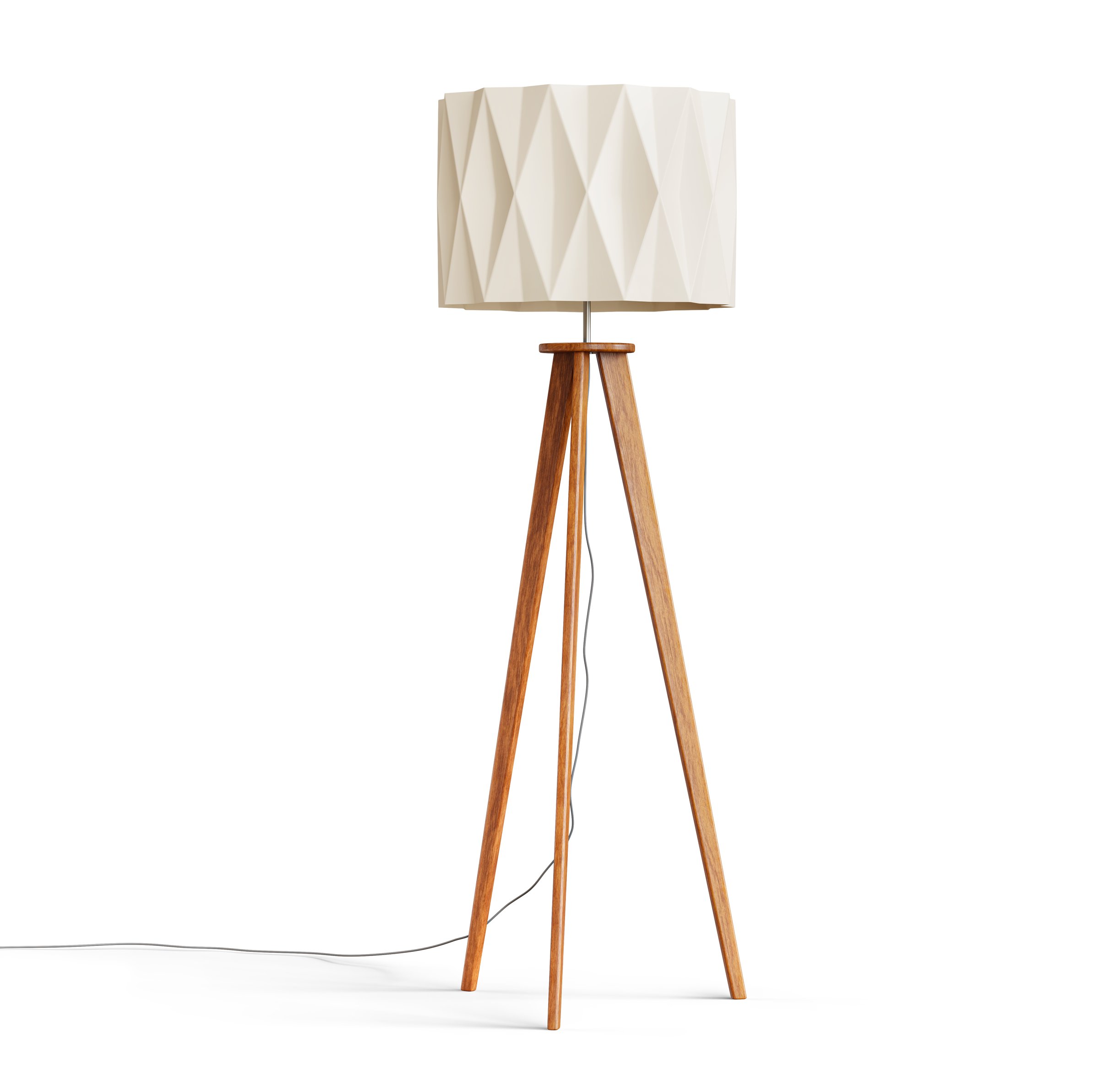 Wooden tripod floor lamp isolated on white background. Clipping path included. 3D render. 3D illustration.